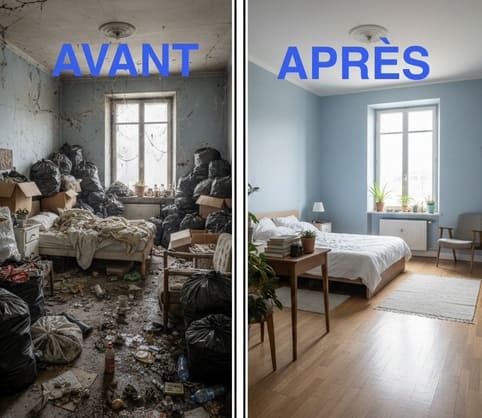 Montage avant après d'une chambre à gauche, le sol est jonché de déchets, bouteille et journaux à droite, la chambre est entièrement nettoyée, désinfecter et rangé